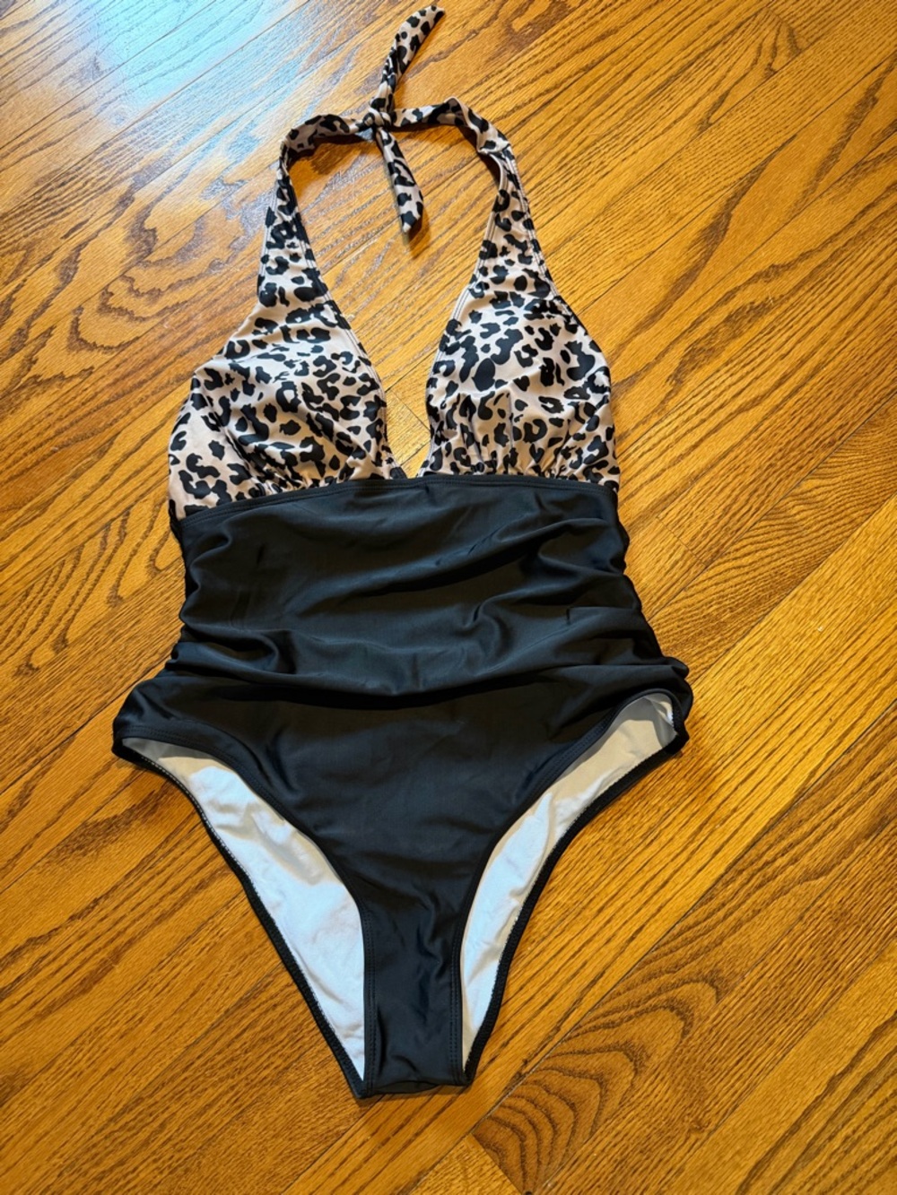 SHEIN Women's Black One-Piece Swimsuit with Leopard  halter Top - Size 1XL